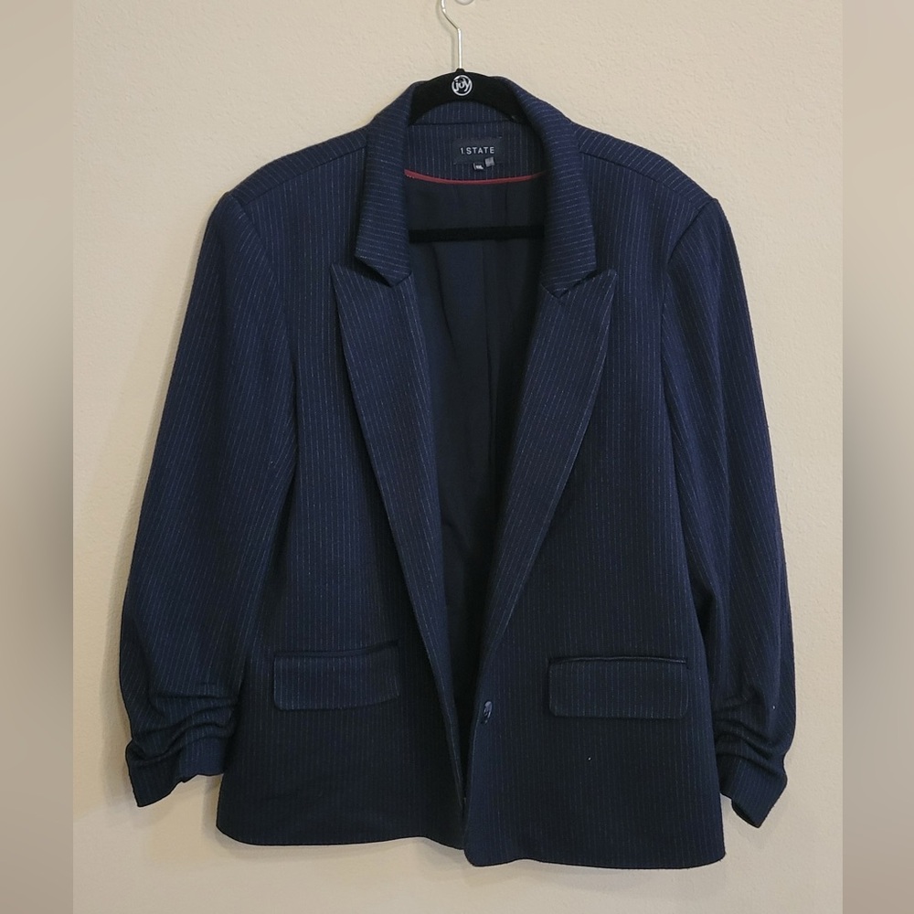 1. State Pinstriped Navy Open Front Button Blazer Professional Office Size XXL